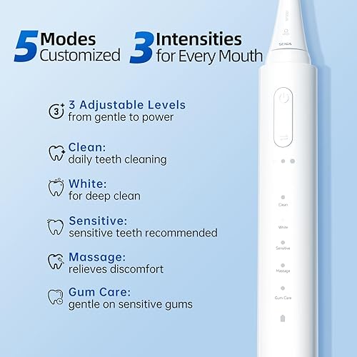 Miniatura 2 de SEIGA Cepillo de dientes eléctrico sónico para adultos, 5 modos de limpieza y 3 intensidades, cepillo de dientes inteligente recargable con 2