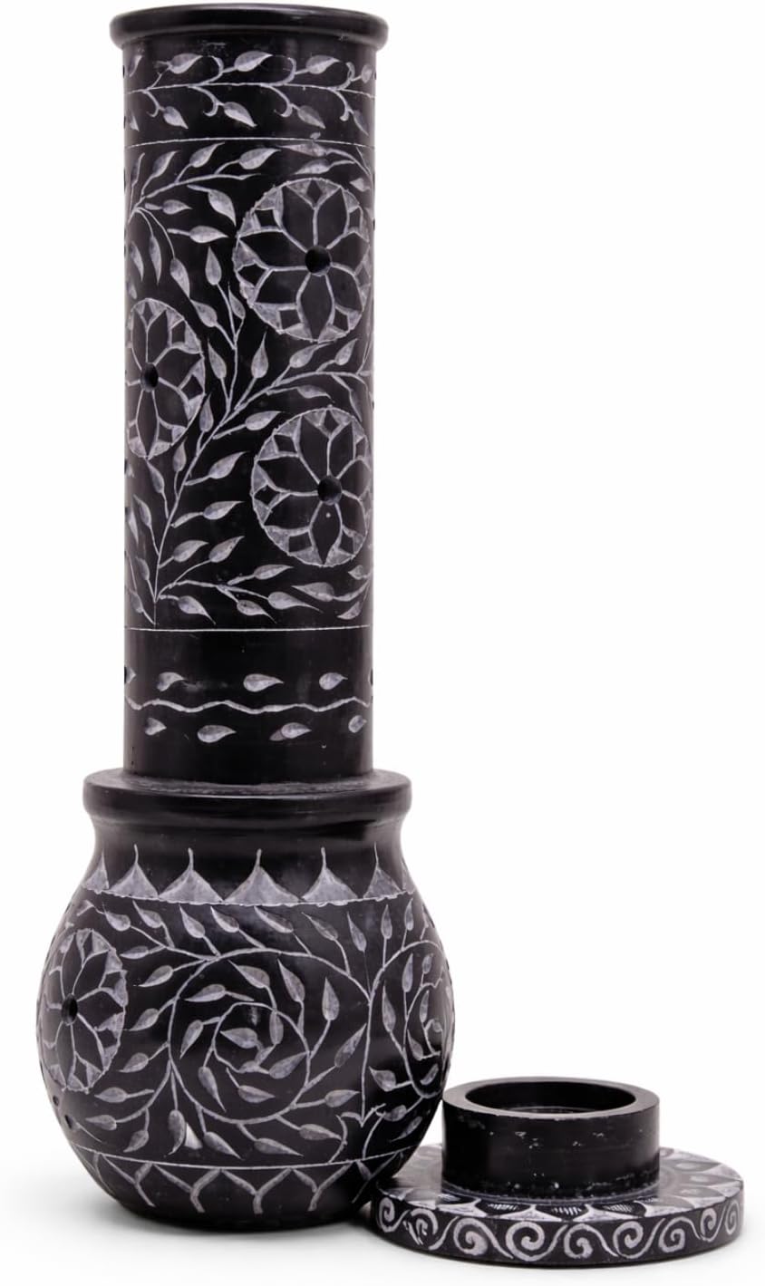 Hand Carved Marble Soapstone Incense Stick Holder – Black Incense Burner with Ash Catcher Base, Tea Light & Camphor Holder, Decorative Home & Puja Decor (3 x 3 x 10 Inch).