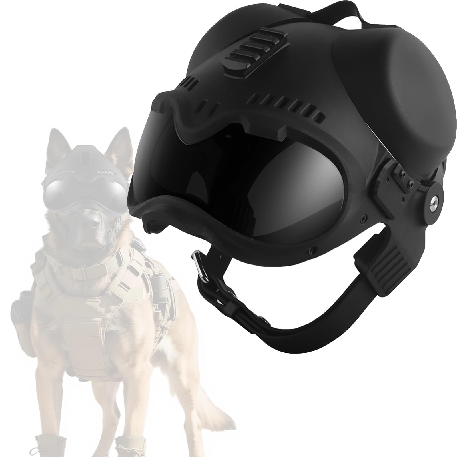 Tactical Dog Helmet with Goggles, Windproof and Impact-Resistant Head Protection for Small Medium Dogs, Adjustable Strap for Outdoor Riding, Hiking and Adventures(Black)
