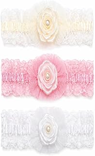 Infant Baby Girls Lace Flower Headbands Set, Soft Stretch Hair Bands, for 0-24 Months, Pack of 3 (Craem BabyPink White) Price In India