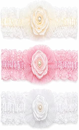 Infant Baby Girls Lace Flower Headbands Set, Soft Stretch Hair Bands, for 0-24 Months, Pack of 3 (Craem BabyPink White)