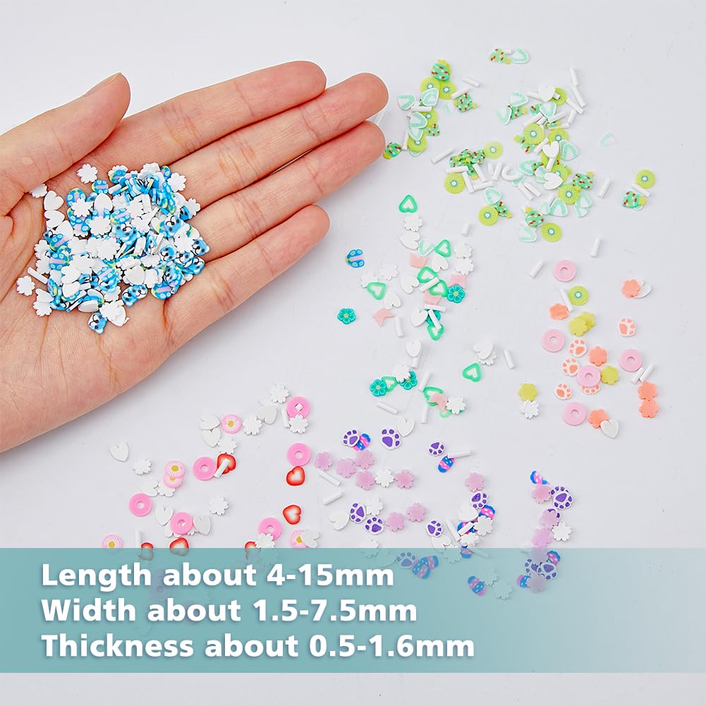 SUPERFINDINGS 150G 6 Style Couleurs Mini 3D Fimo Tranches Slimes Fruits Fleurs Tranches pour Slime Assortiment de Tranches de Slime en Argile Polymère Coeur Ours en Vrac Tranches d'argile Fimo