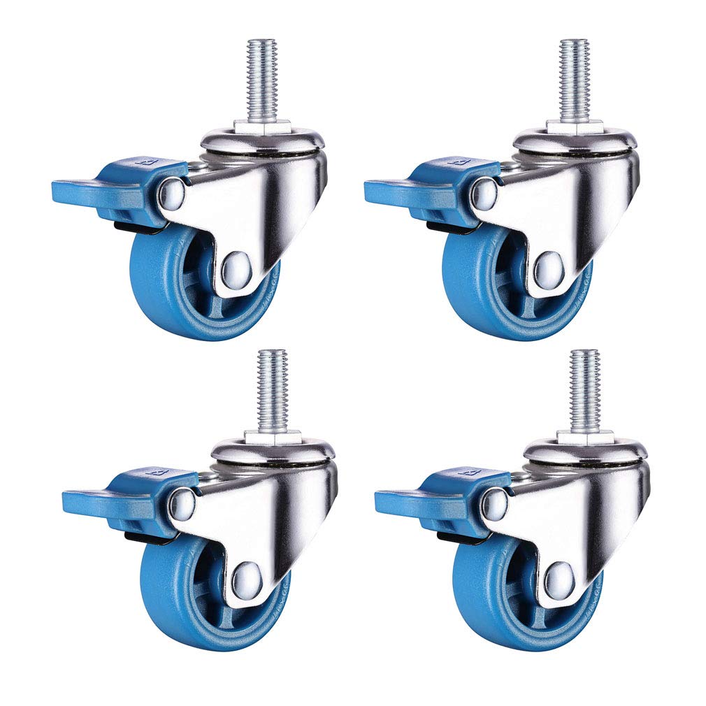 Möbelrollen, Caster Wheels,Wheels 4pcs Swivel Stem Caster,PA Nylon Material Castors,Metal Furniture Wheel,Threaded Rod Mounting,Silent,90kg Capacity,Blue,for Chair Sofa Coffee Table Stand (50mm,Brake)