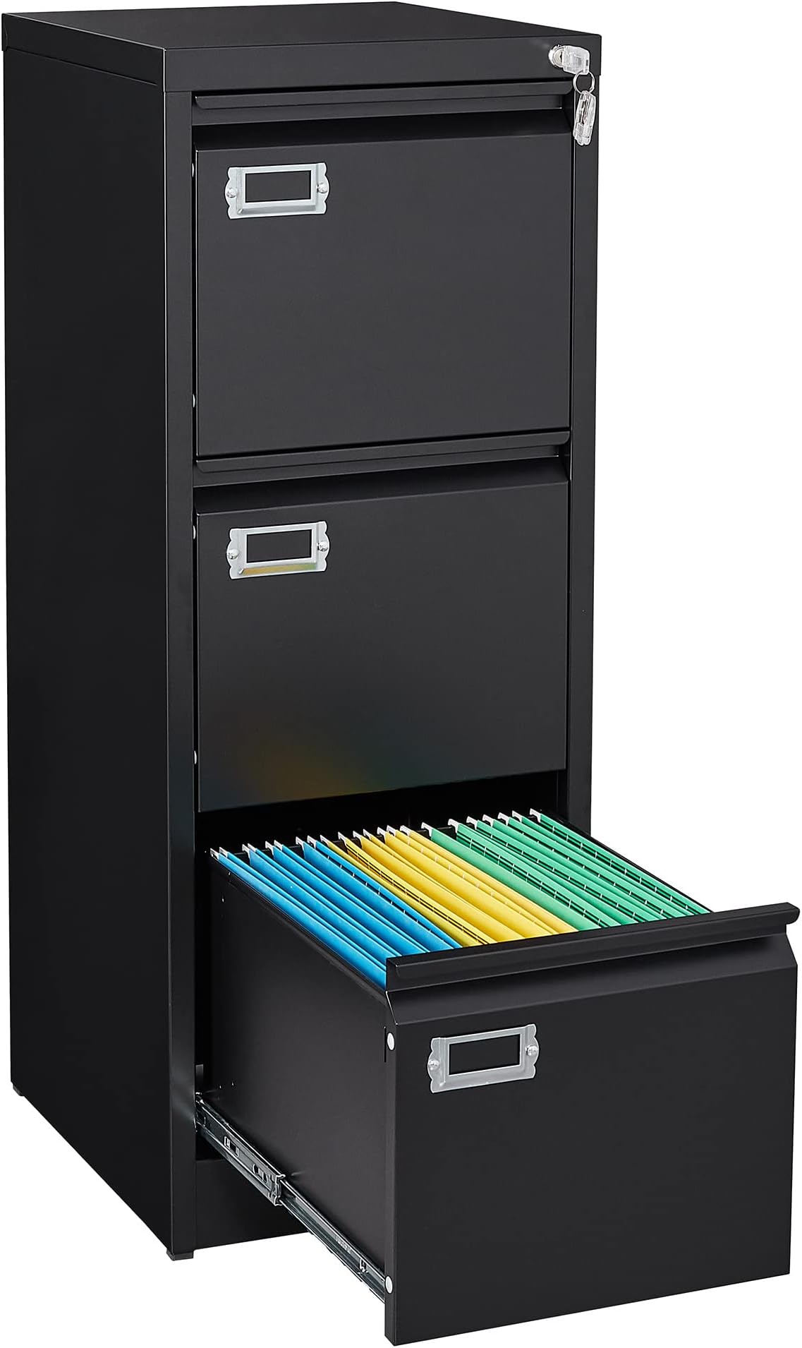 3 Drawer File Cabinet with Lock, Metal Filing Cabinets for Home Office, Vertical Black Locking File Caninet, Steel Narrow Three Drawer File Cabnet for Letter/Legal / A4 / B4- Assembly Required