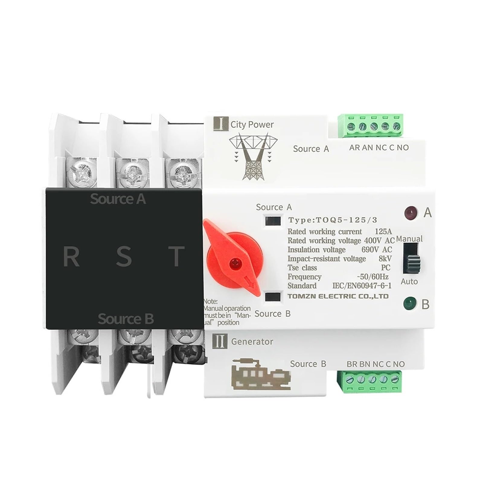 NVSFZGIYG 3P 3 Phase Din Rail ATS Dual Power Automatic Transfer Switch Electrical Selector Switches Uninterrupted 63A 100A 125A 1Pcs(100A)