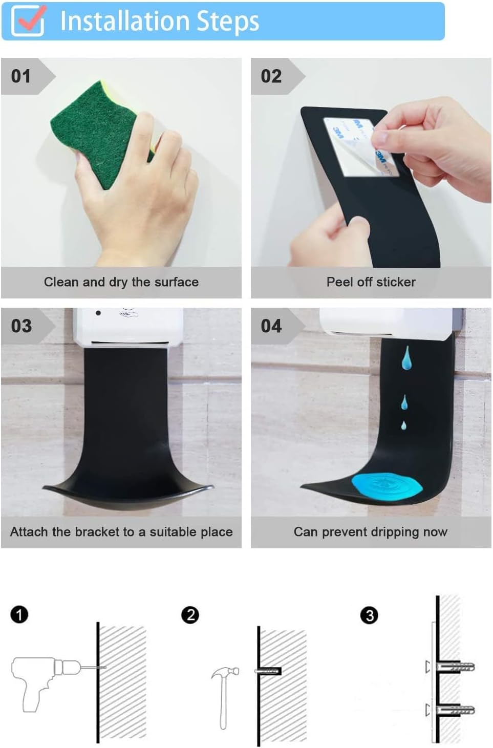 6 Pcs Drip Tray for Wall Mounted Soap Dispenser, Prevent Dripping and Spraying, Dispenser Stand, Black