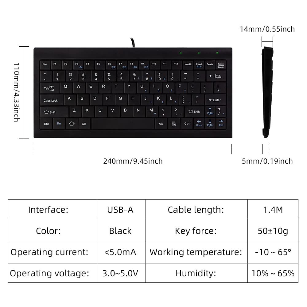 CUQI Mini klawiatura, mała klawiatura przewodowa 82 klawisze nożyczki, interfejs USB, kompaktowa klawiatura do systemu Android, Windows PC, laptop, Raspberry Pi, Windows 10/8/7
