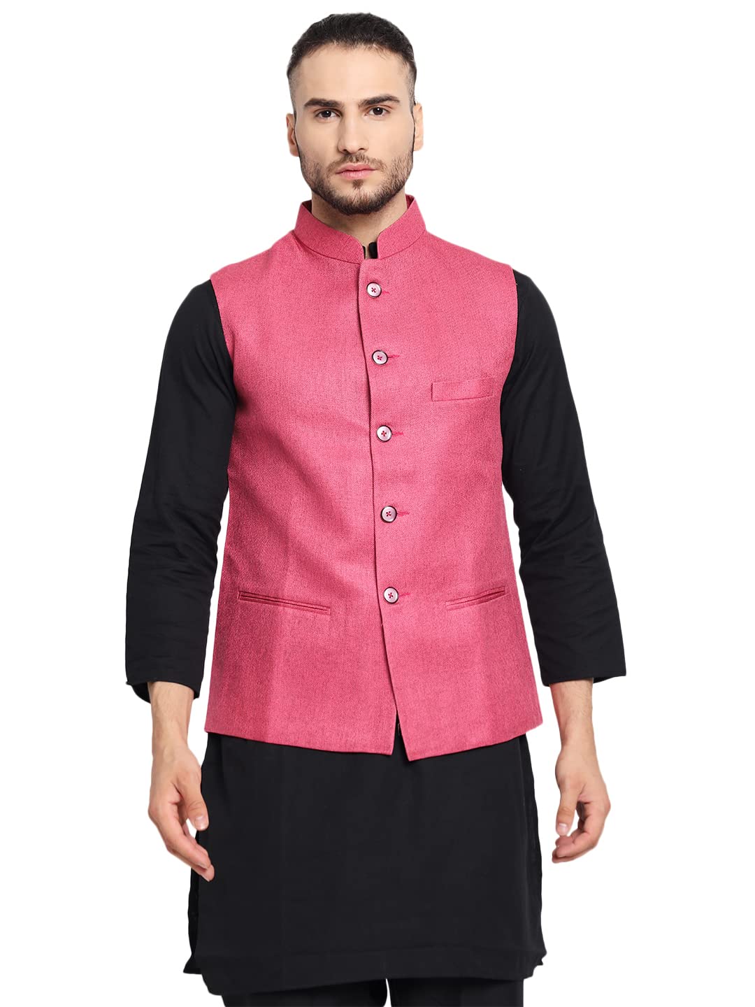 vastraa fusion Men's Solid Nehru Jacket (Pink)-picture-18
