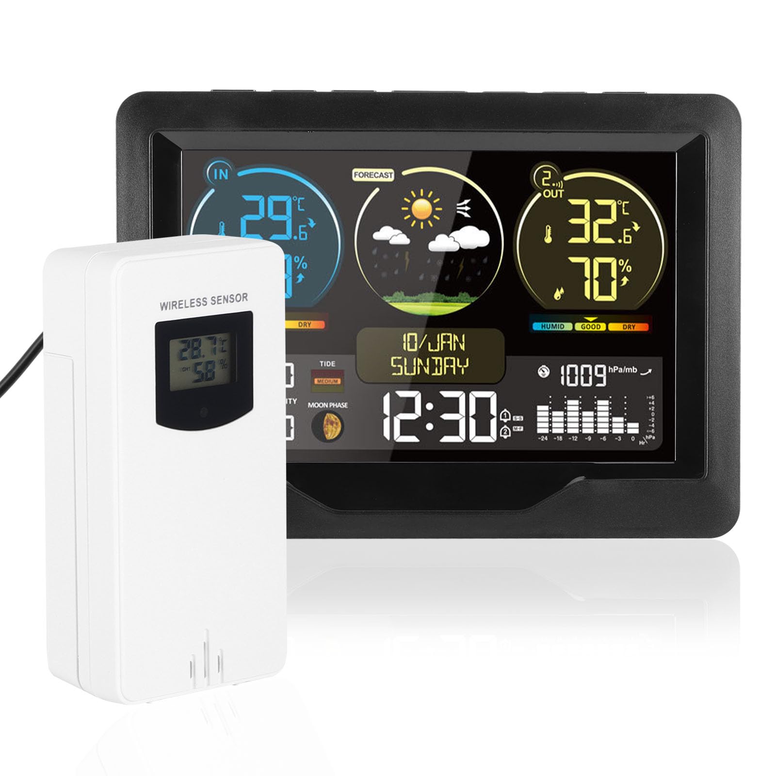 Estación Meteorológica con Sensor Interior y Exterior, Estación Meteorológica Digital Inalámbrica con Reloj Despertador Dual Temperatura Humedad Pronóstico del Tiempo, Brillo Ajustable Automáticamente