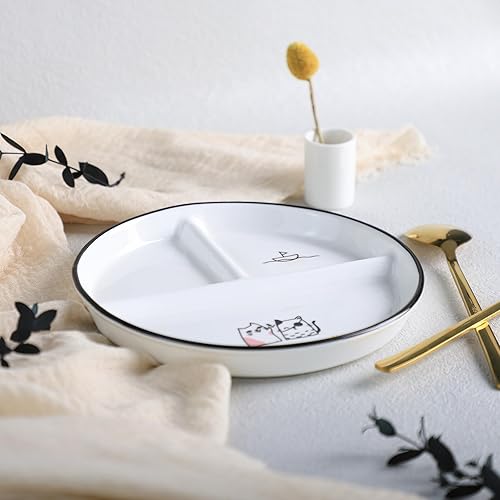 Miniatura 9 de SOCOSY Plato de cerámica de control de porciones de 3 compartimentos, platos divididos, plato de postre dividido, plato de ensalada, plato de cena,
