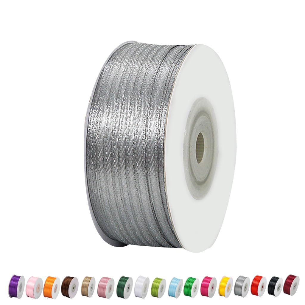 Thin Silver Gray Satin Ribbon 3mm for Gift Wrapping 91m Long, Balloon, Cake, Silk Thick Ribbon for Crafting Christmas