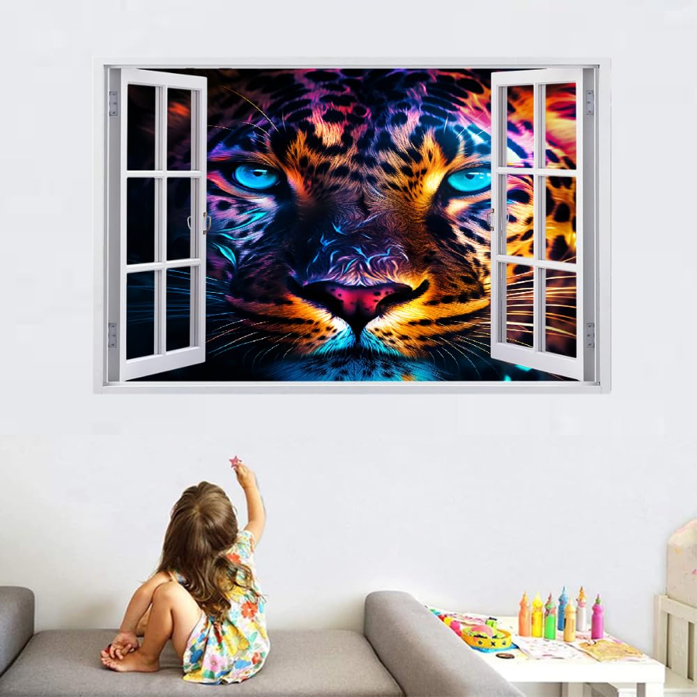 Decalcomanie da muro Art 3D Fracassato Animale Leopardo Adesivi murali removibili Arte Fantasy Colorata Carta da parati Camera da letto autoadesivo per ragazze Camera da letto Nursery Home Decor Gift