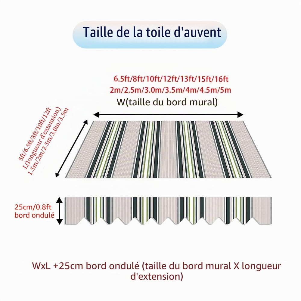 Store Banne Manuel Rétractable, Tissu De Rechange pour Auvent De Balcon 350x300cm, D'Auvent Extérieur Toile pour Porte-fenêtre, Toile pour Store Banne(Khaki,4x3.0m(13x10ft))
