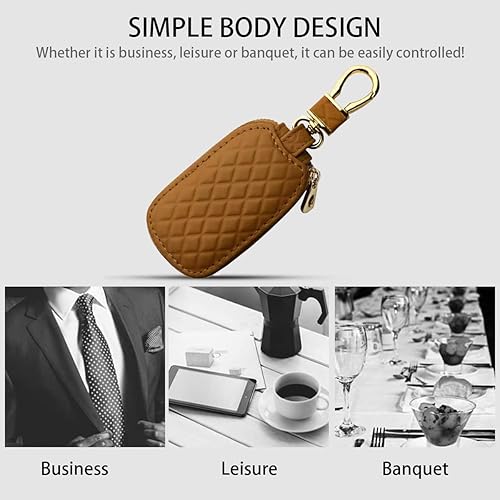 Miniatura 5 de Funda para llave de automóvil, funda de cuero genuino para llavero con gancho de metal, bolsa universal con cremallera para llavero de vehículo