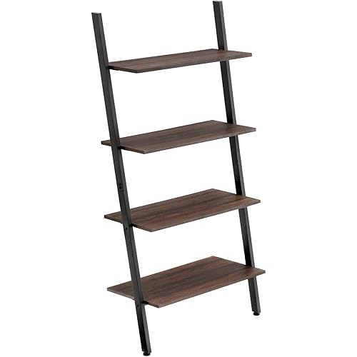VASAGLE Ladder Shelf, 4-Tier Bookshelf, Storage Rack Shelves, for Living Room, Kitchen, Office, Steel, Stable, Sloping, Leaning Against The Wall, Industrial, Rustic Dark Brown and Black ULLS43BF