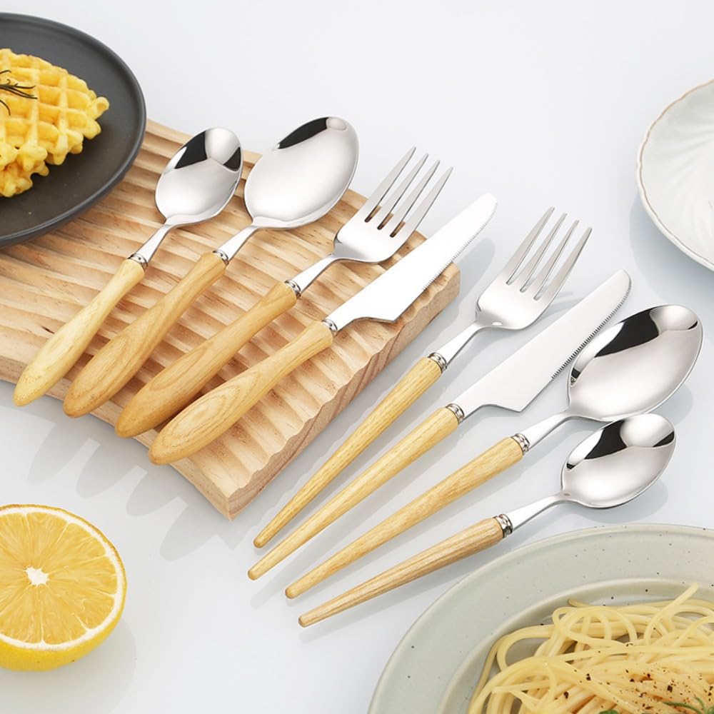 Couverts de Cuisine en Bois de frêne Massif, Couverts en Acier Inoxydable, Couteaux et fourchettes en Acier, Couverts pour la Maison, Les fêtes et Les Restaurants (Manche en Gourde