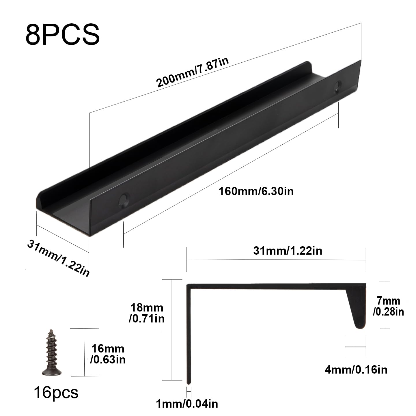Tiradores de Muebles Negro Tiradores Ocultos para Armarios 200mm con Tornillos para Puerta de Armario Cajones 8 Piezas