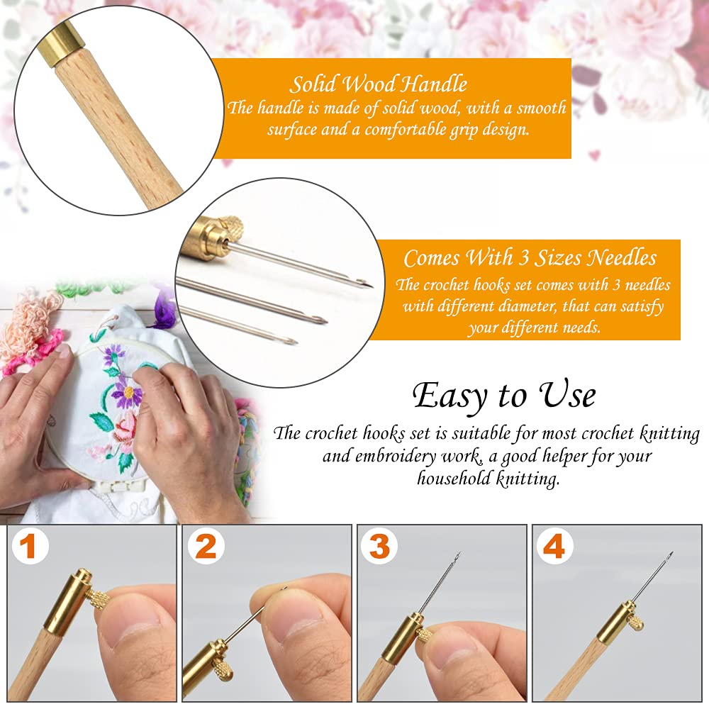 Set Uncinetti Per Ricamo Con Perline - 3 Aghi Intercambiabili (0.7mm-1mm) In Legno