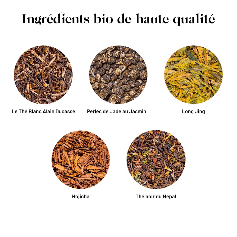 Kusmi Tea - Coffret 5 Miniatures Sélection Alain Ducasse + Pince à thé - Idée cadeau fête des mères - Thé blanc, Perles de jade, Hojicha, Long Jing - 5 boîtes de 25g