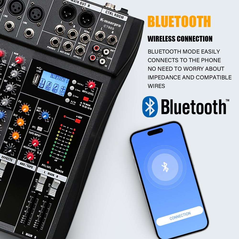 8 Channel Professional Audio Mixer Console Sound Board with 48V Phantom Power,USB Audio Interface for Live Show,Streaming Recording Music Stage Karaoke