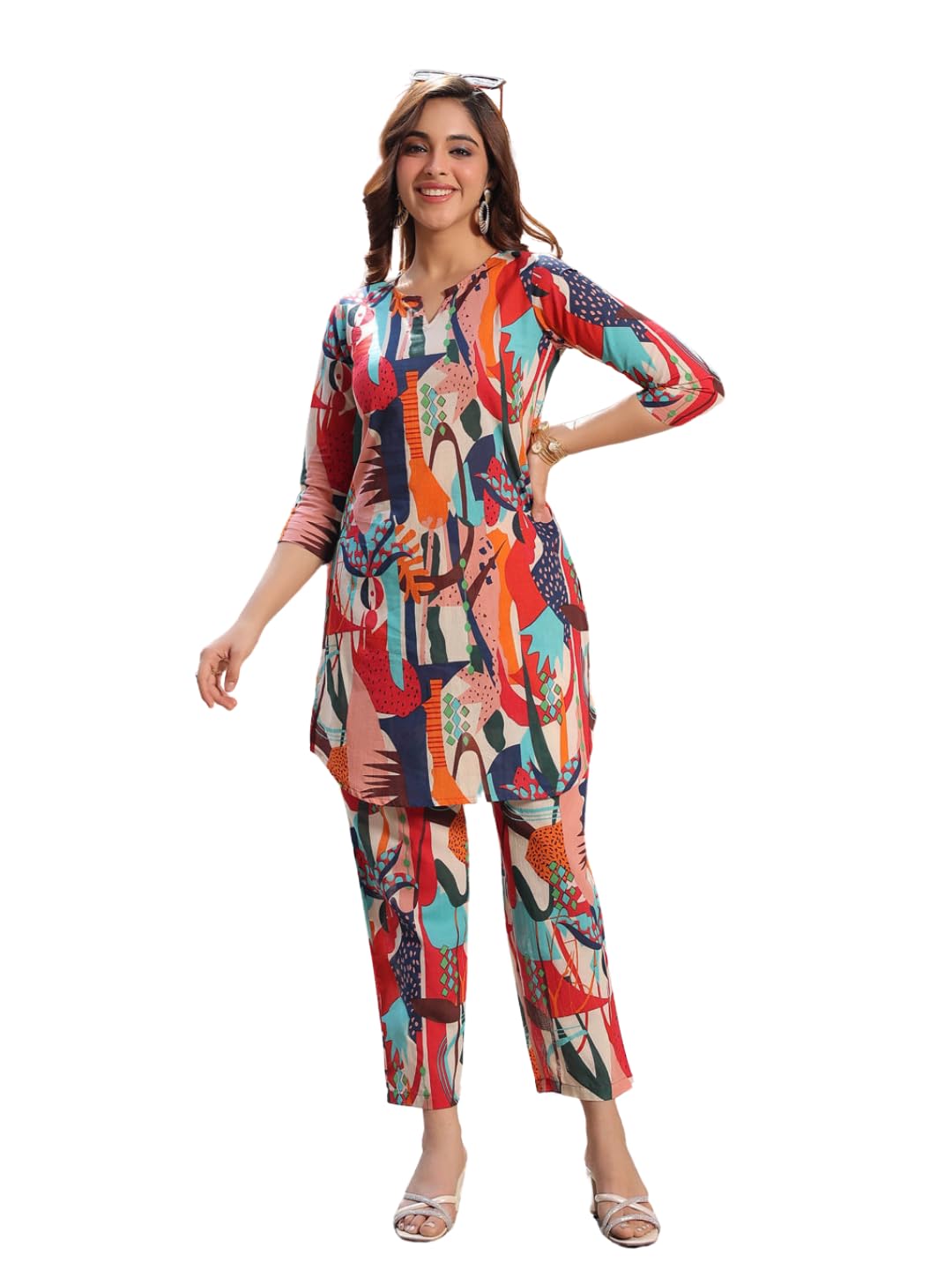 Nainvish Women's Multicolor Printed Straight Rayon Blend Notch Neck Co-Ord Set (Sd729_Kb-M_Multicolor)