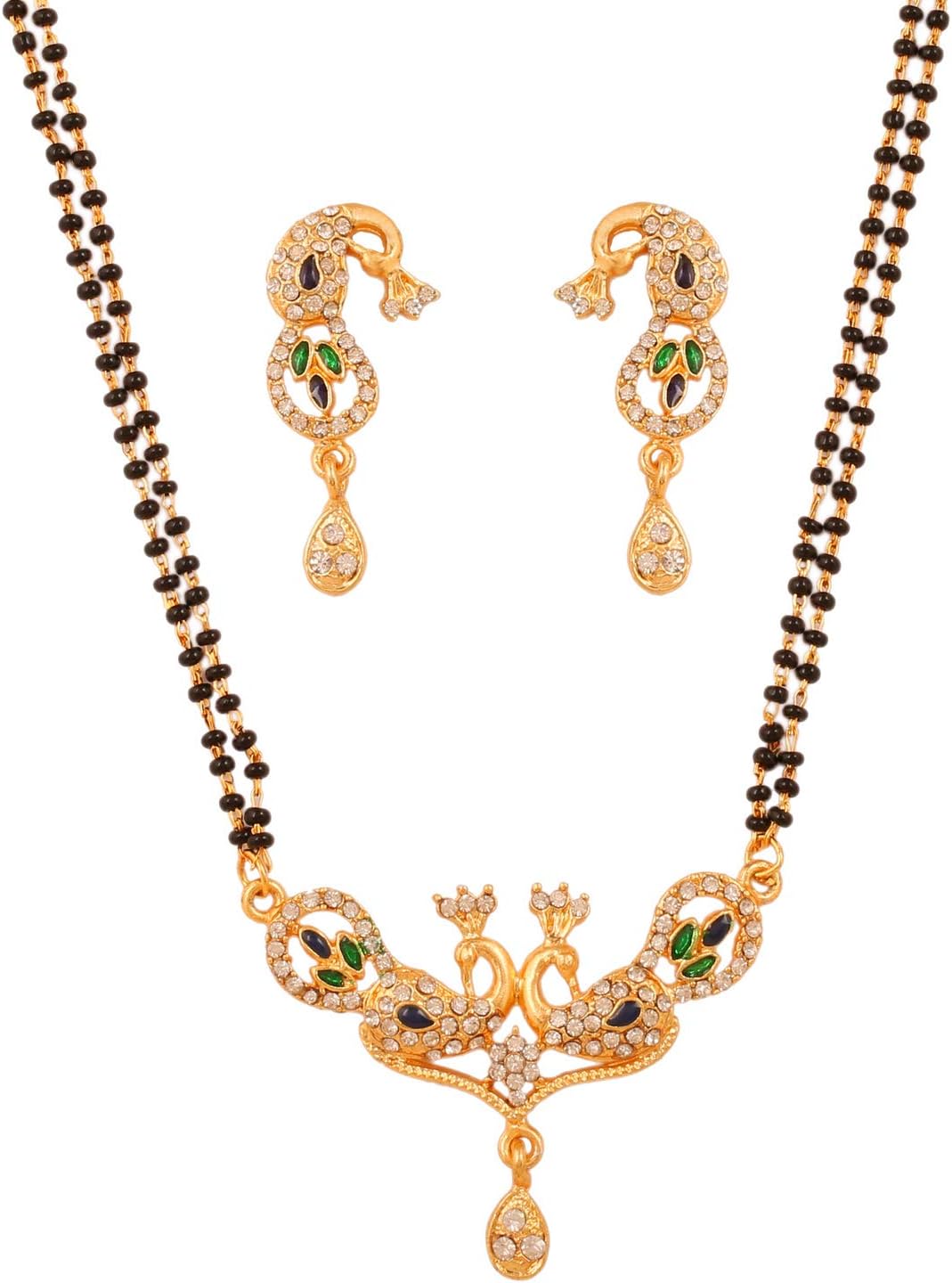 Indian Bollywood Wedding Bridal Traditional Symbolic Designer Jewelry Mangalsutra Set Black Beads In Gold And Silver Tone For Women.