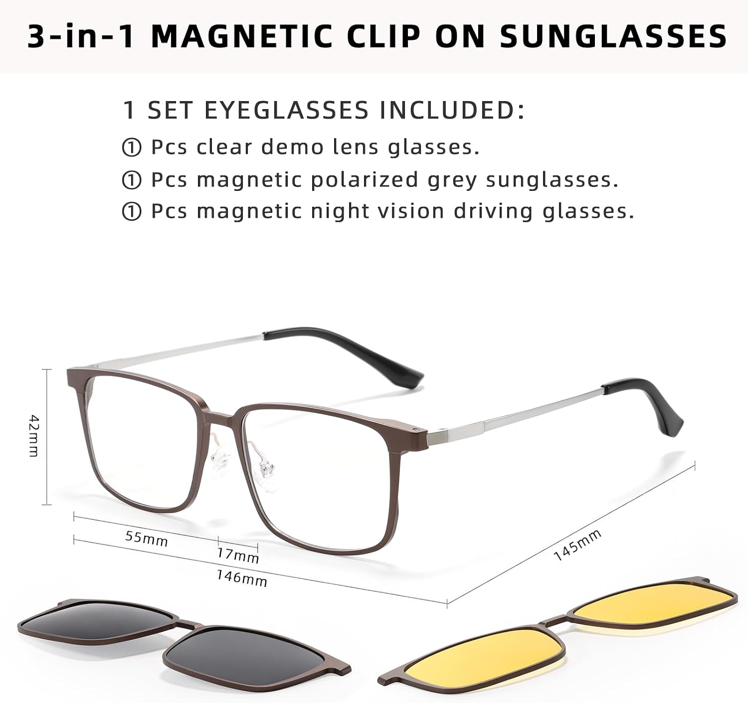 TEAPLMTT Magnetic Clip On Polarized Sunglasses for Men Retro Square Night Driving Al-Mg Glasses UV Protection