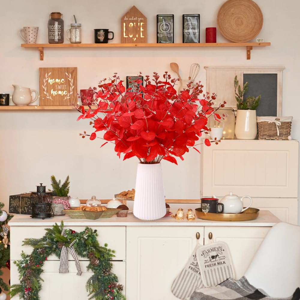DIYDEC Künstliche Weihnachtsblumen, 2 Stile, rote Eukalyptus-Stiele für Tischdekoration, künstliche Eukalyptusblätter, Zweige für Weihnachtsbaum, Zuhause, Party-Dekoration, 18 Stück