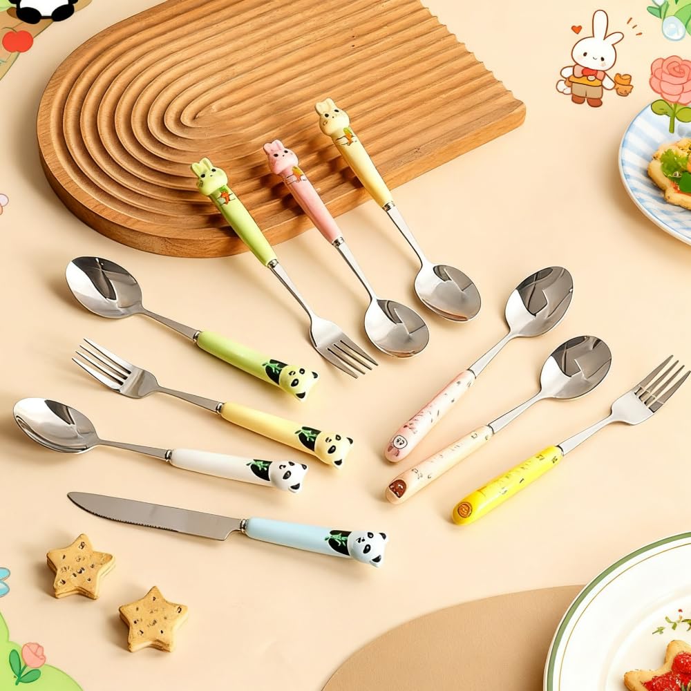 Carino Cartone Animato Ceramica Manico Cucina Acciaio Inox Argenteria Stoviglie Posate Set Bistecca Coltello Forchetta Cucchiaio Cucchiaino