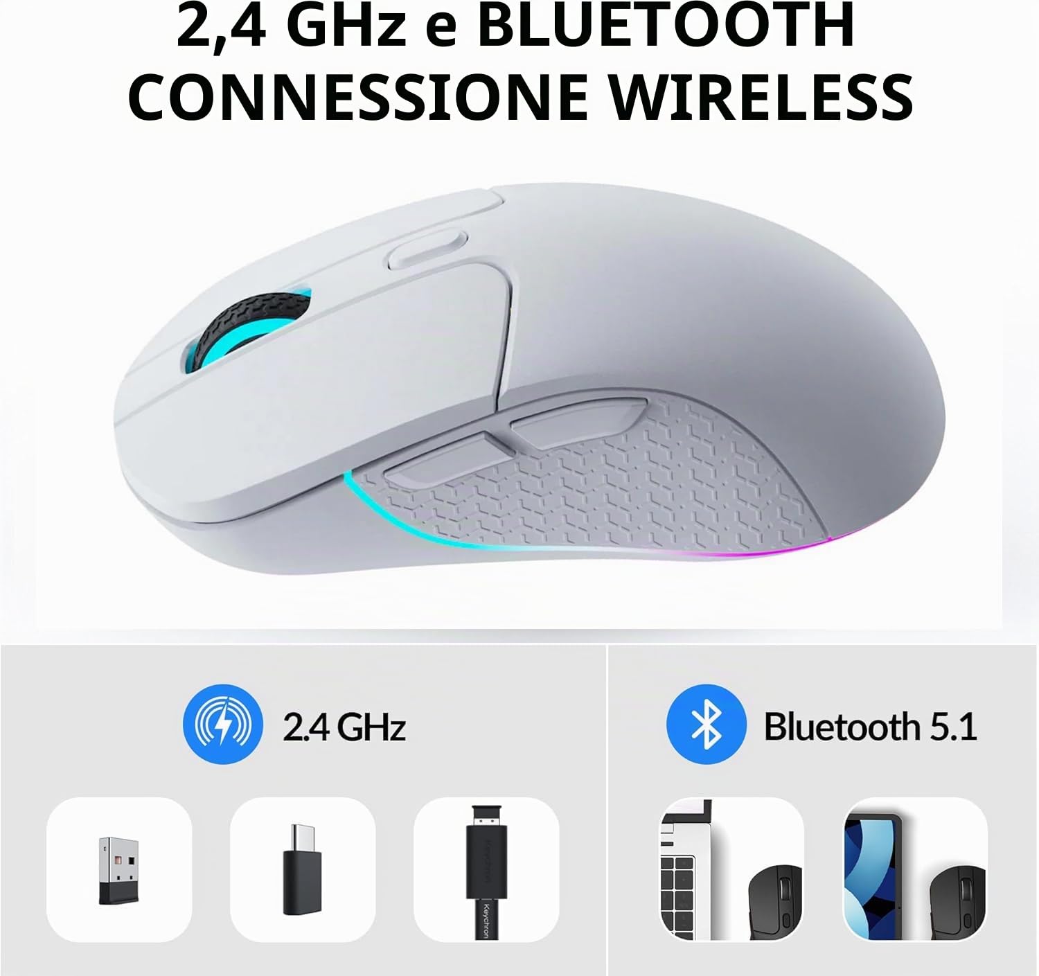 Keychron M3 Mouse Gaming Wireless 1000 Hz Polling Rate – Sensore PixArt fino a 26.000 DPI, Tri-Mode (2.4G/Bluetooth/USB-C), Ultra-Leggero, Tasti Programmabili, Bianco