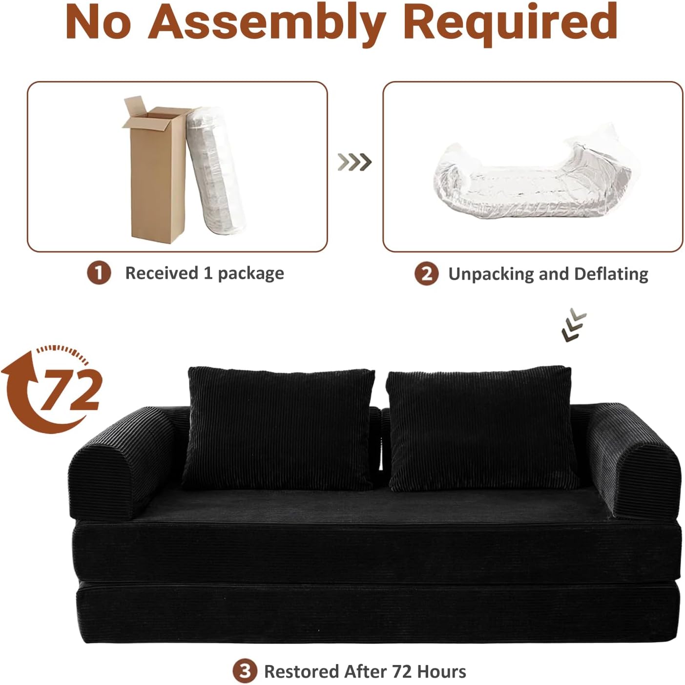 79" Convertible Sofa Bed, 5-in-1Boneless Couch for Living Room with 2 Pillows Corduroy Folding Sleeper Sofa Bed, Boneless Cloud Loveseat Futon Sofa Bed for Living Room Bedroom Lounge, Black
