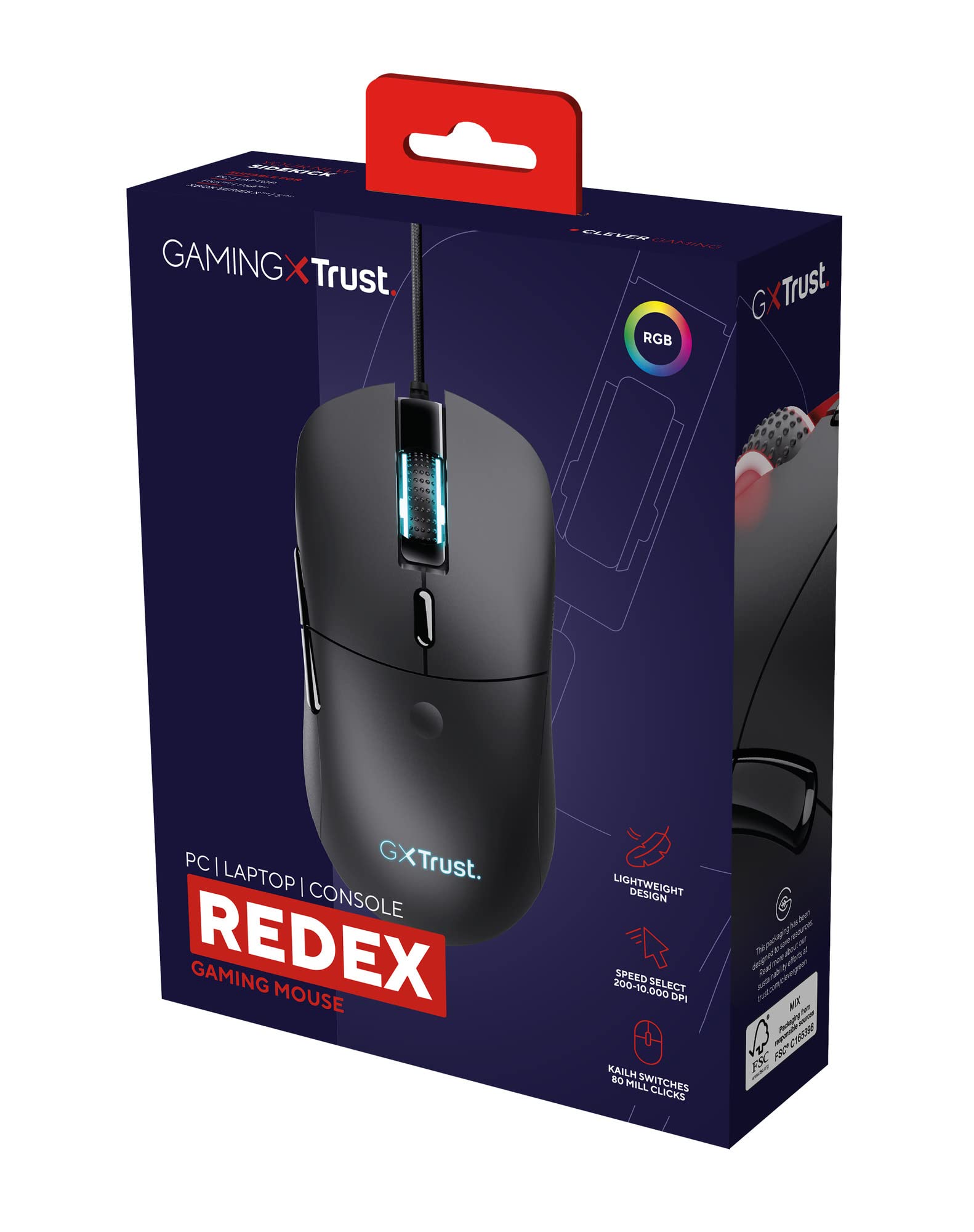 Trust Gaming GXT 981 Redex Ratón Gaming Ligero, 200-10.000 dpi, Interruptores Kailh, Sensor Óptico Ajustable, Ratón RGB, 6 Botones Programables, Mouse Gamer para Portátil, PC, Windows - Negro