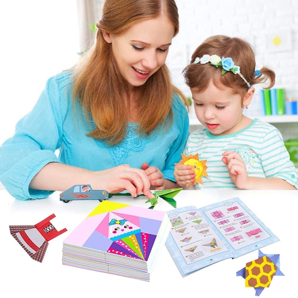 Kit de Origami 108 Hojas 14x14 cm Papel Doble Cara Vívido con Libro en Inglés para Principiantes