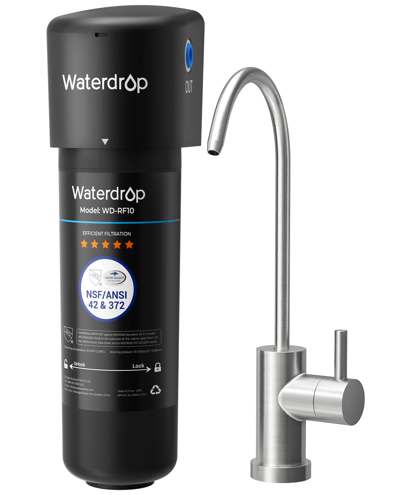 Waterdrop 10UB Under Sink Water Filter System, 8K High Capacity Drinking Water Filtration System, with Dedicated Brushed Nickel Faucet, Removes 99% Chlorine and Reduce Lead, Bad Taste & Odor, USA Tec