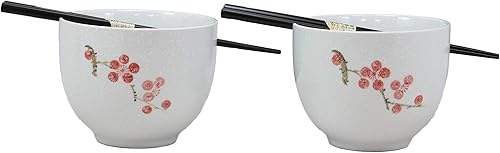Miniatura 3 de Ebros - Juego de 2 cuencos y palillos de cerámica japonesa Sakura Pink Cherry Blossoms In White Purity Ramen Udong para comedor asiático, sopa,