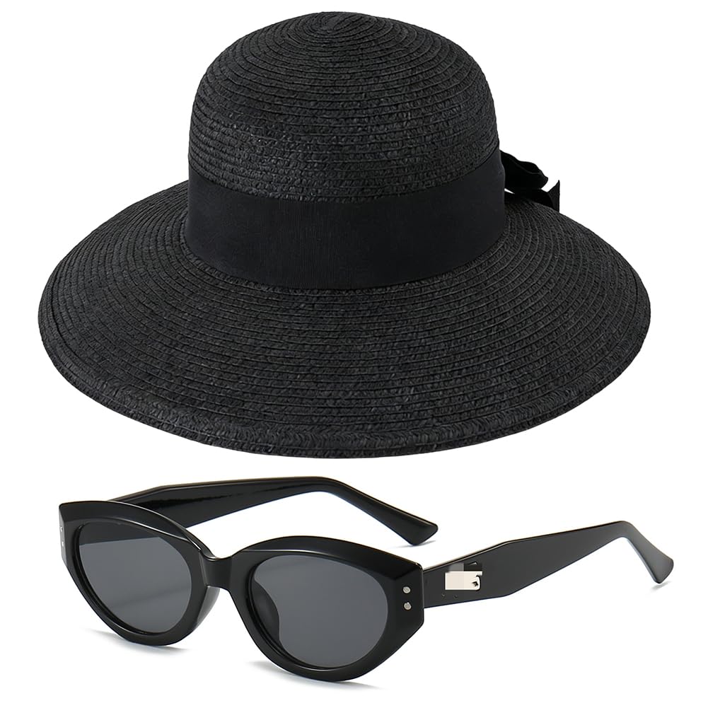 Sombreros de Sol para Mujeres Gafas de Sol UV400 para Viaje Verano Sombrero de Sol de Playa Plegable Sombrero de Paja de ala Ancha con Nudo, Negro