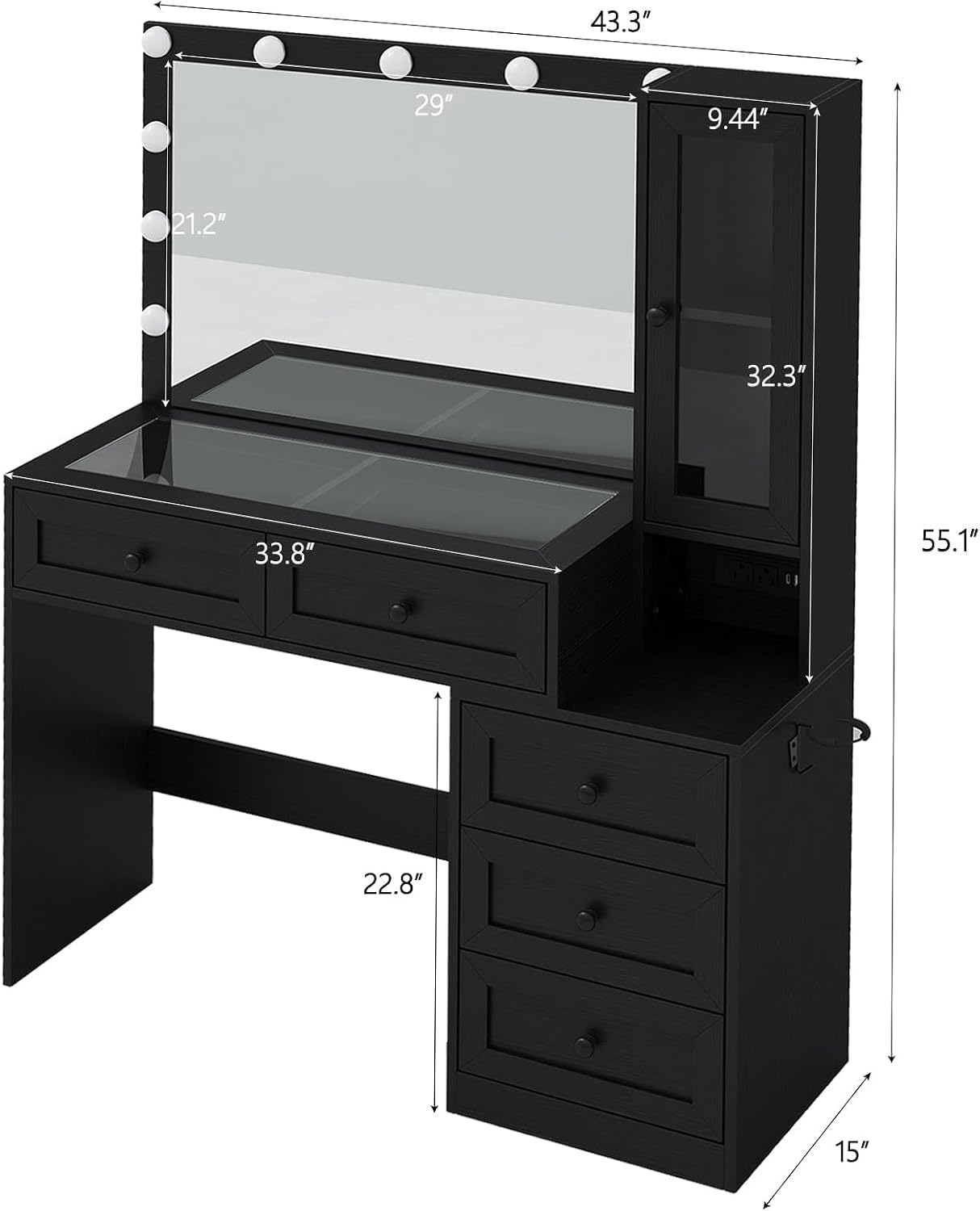 43" W Vanity Desk with Mirror & 11 Lights, 5 Drawer Modern Makeup Desk with Glass top & Cushioned Stool, 3 Lighting Modes Brightness Adjustable,Power Outlet,Bedroom，Black