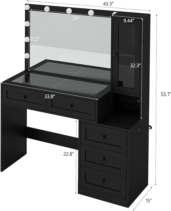 43 W Vanity Desk with Mirror & 11 Lights, 5 Drawer Modern Makeup Desk with Glass top & Cushioned Stool, 3 Lighting Modes Brightness Adjustable,Power Outlet,Bedroom,Black