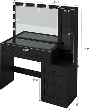 43 W Vanity Desk with Mirror & 11 Lights, 5 Drawer Modern Makeup Desk with Glass top & Cushioned Stool, 3 Lighting Modes Brightness Adjustable,Power Outlet,Bedroom,Black