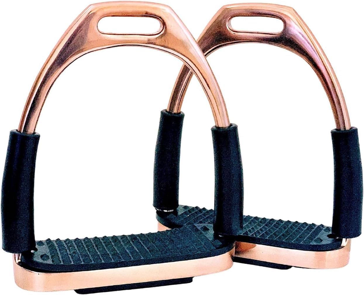 EXTREME Gloss Rose Gold Flexi Safety Stirrups – Stainless Steel Bendy Horse Riding Stirrups with Strong Treads (5in)