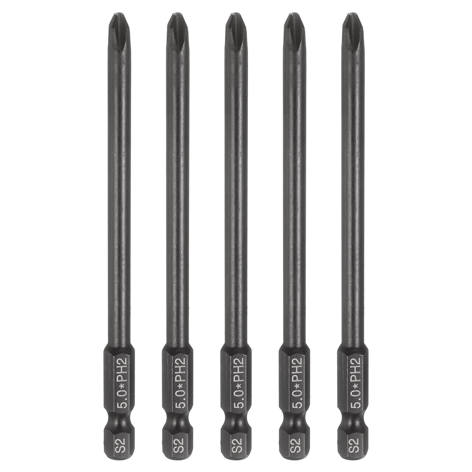 sourcing map 5pcs #2 Phillips Screwdriver Bit PH2 1/4" Hex Shank 4" (100mm) Long 5mm Rod Magnetic Cross Head Drive Drill Bits S2 Steel Industrial Screw Driver Electric Power Tool, Black