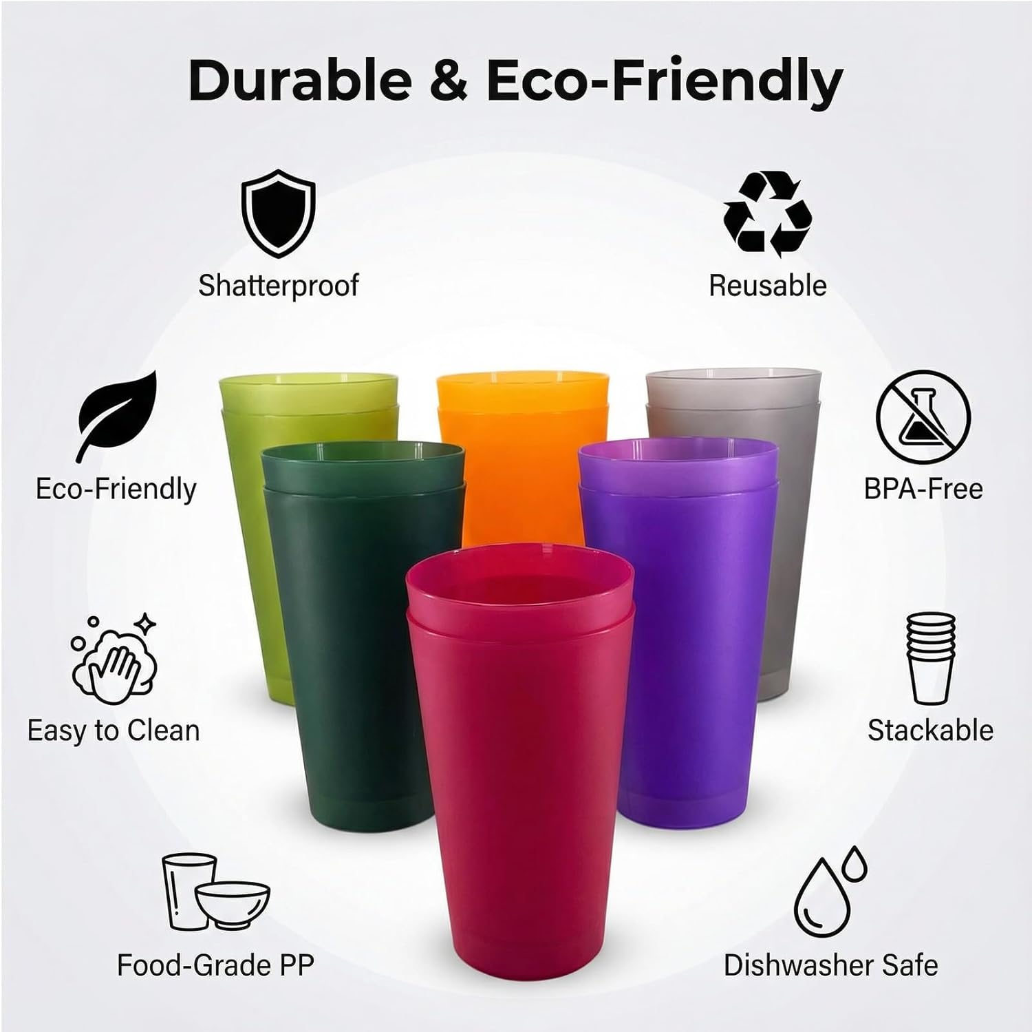 Premium 32-ounce Large Cups, Multicolor Plastic Tumblers BPA Free Set of 12 for Indoor Outdoor Use (Multicolors) - Image 2