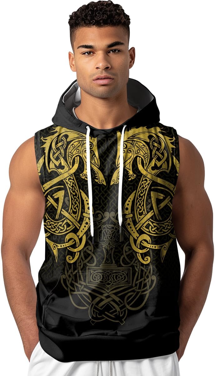 Viking Men's Sleeveless Workout Hoodie Hooded Bodybuilding Muscle Cut Off Tank Tops Gym Fitness