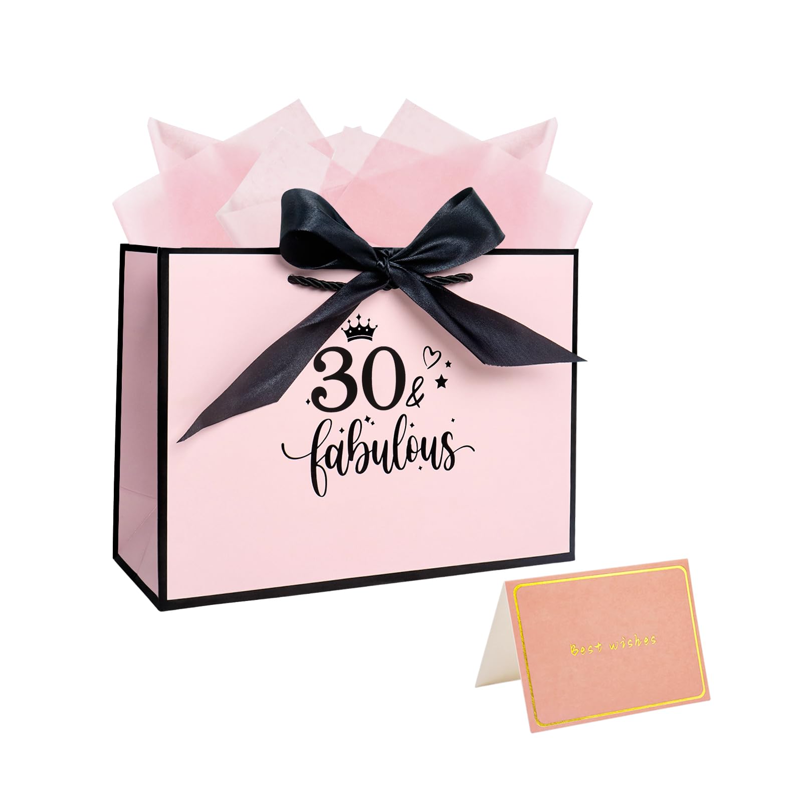 Nwvuop 11.0× 8.0× 4.0 Inches 30th Birthday Gift Bag for Women, 30th Pink Paper Gift Bag with Tissue Paper and Card — image 1
