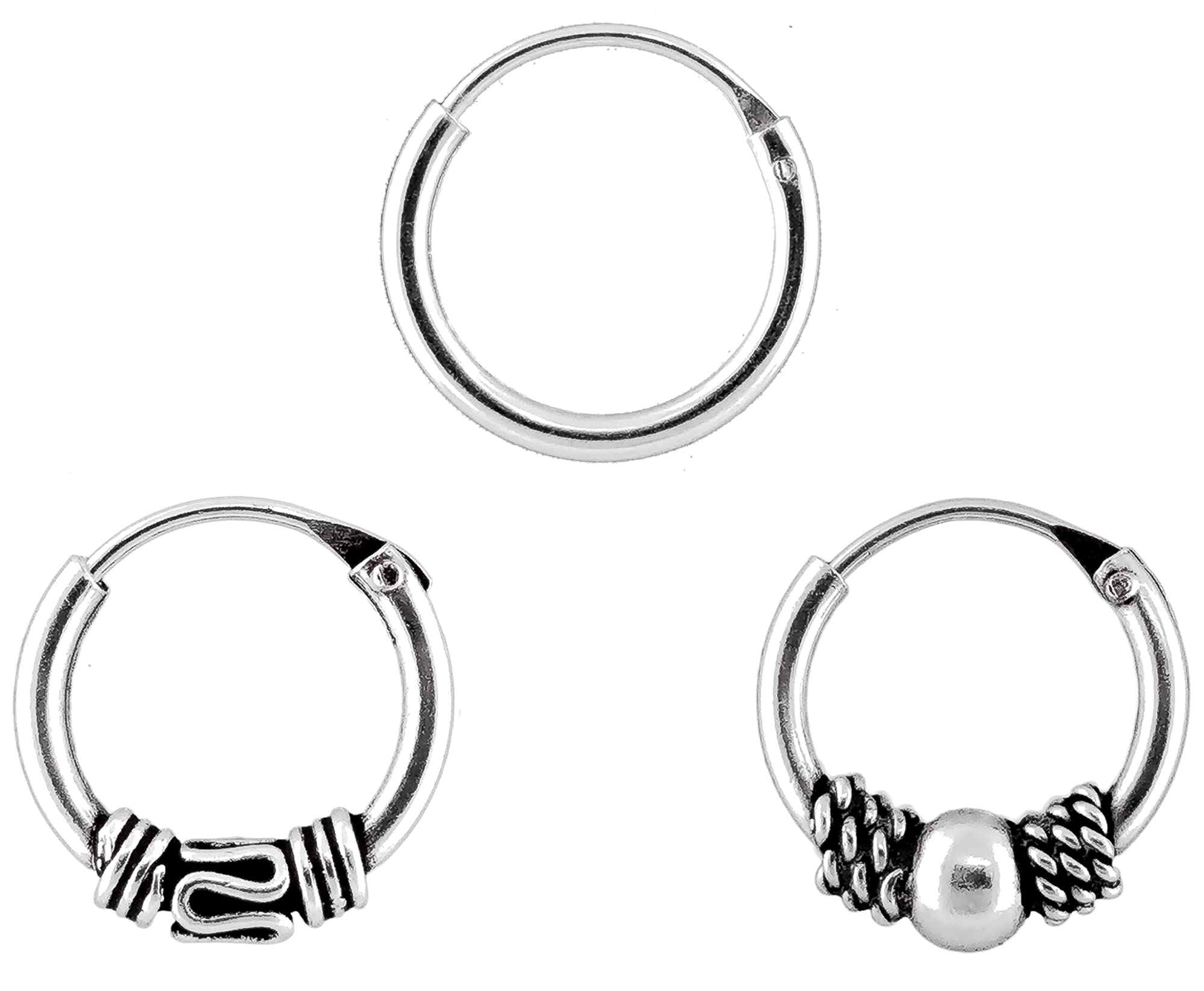 ENTREPLATA Trio De Aros De Plata De Ley 925 Pendientes Unisex Etnicos Tribales Artesanales Criollas Plata Dos Aros De Bali 10 y 12 milimetros y Un Aro Liso 12 mm.