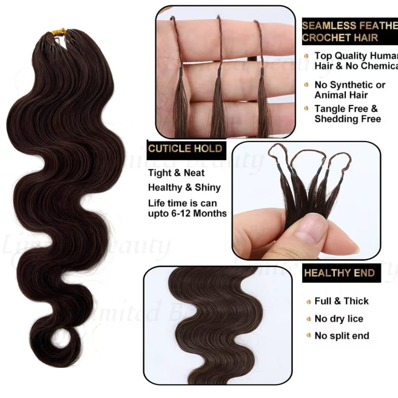 Body Wave Feather Crochet Human Hair Extensions 2pack 100 Roots Dark Brown Color 4 Knotless Pre-Separated Crochet Braid Hair Extensions Human Hair Color#4 20inch 120g