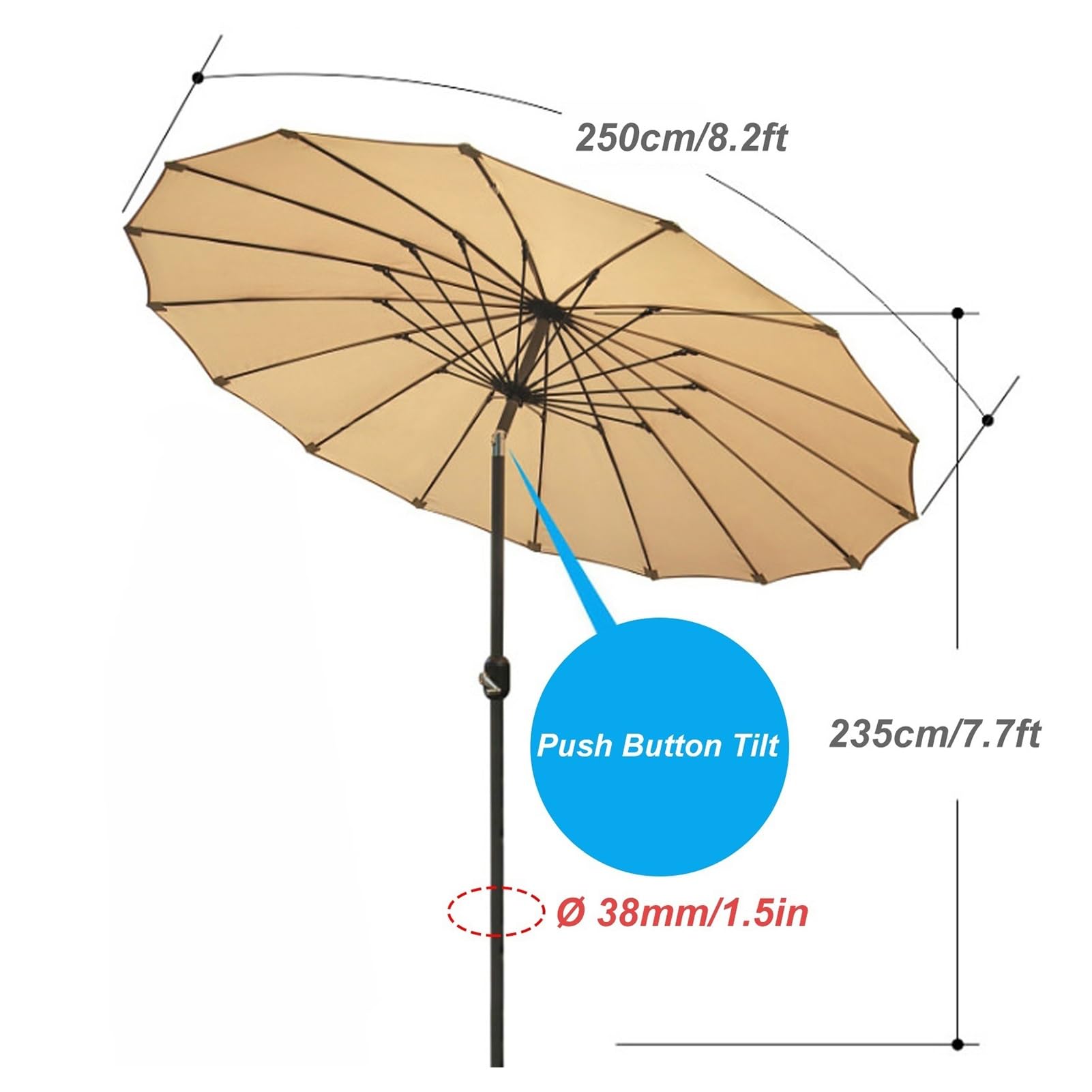 250 cm Shanghai Garden Parasol, Regulowany, Odchylany Parasol Zewnętrzny, z Korbą, 16 Żeber, Aluminiowy Słup, Ochrona UV50+(Khaki)