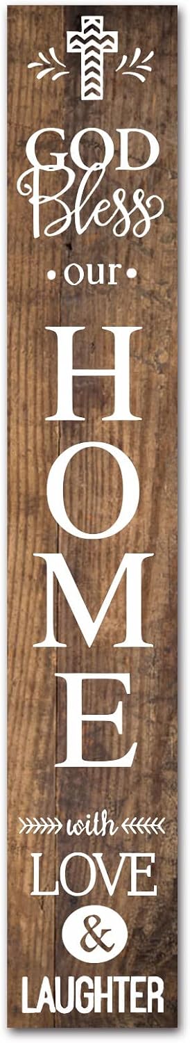 Bless This Home Vertical Sign,Vertical Wooden Welcome Sign,Rustic Wooden Vertical Sign,God Bless Our Home with Love & Laughter Sign for Front Door,8*48Inch Farmhouse Retro Wall Art Wood