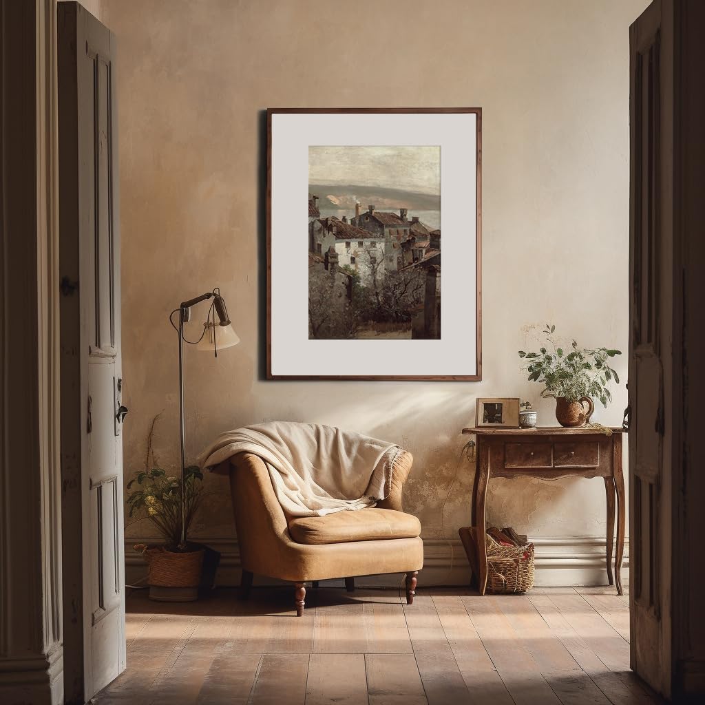 Rustic Farmhouse Wall Art Decor - Unframed Rolled 24x36 - Art Deco Pictures for Bathroom - French Country Kitchen Print Poster - Autumn Fall Lake Town Building - Neutral Aesthetic Vintage CottageCore