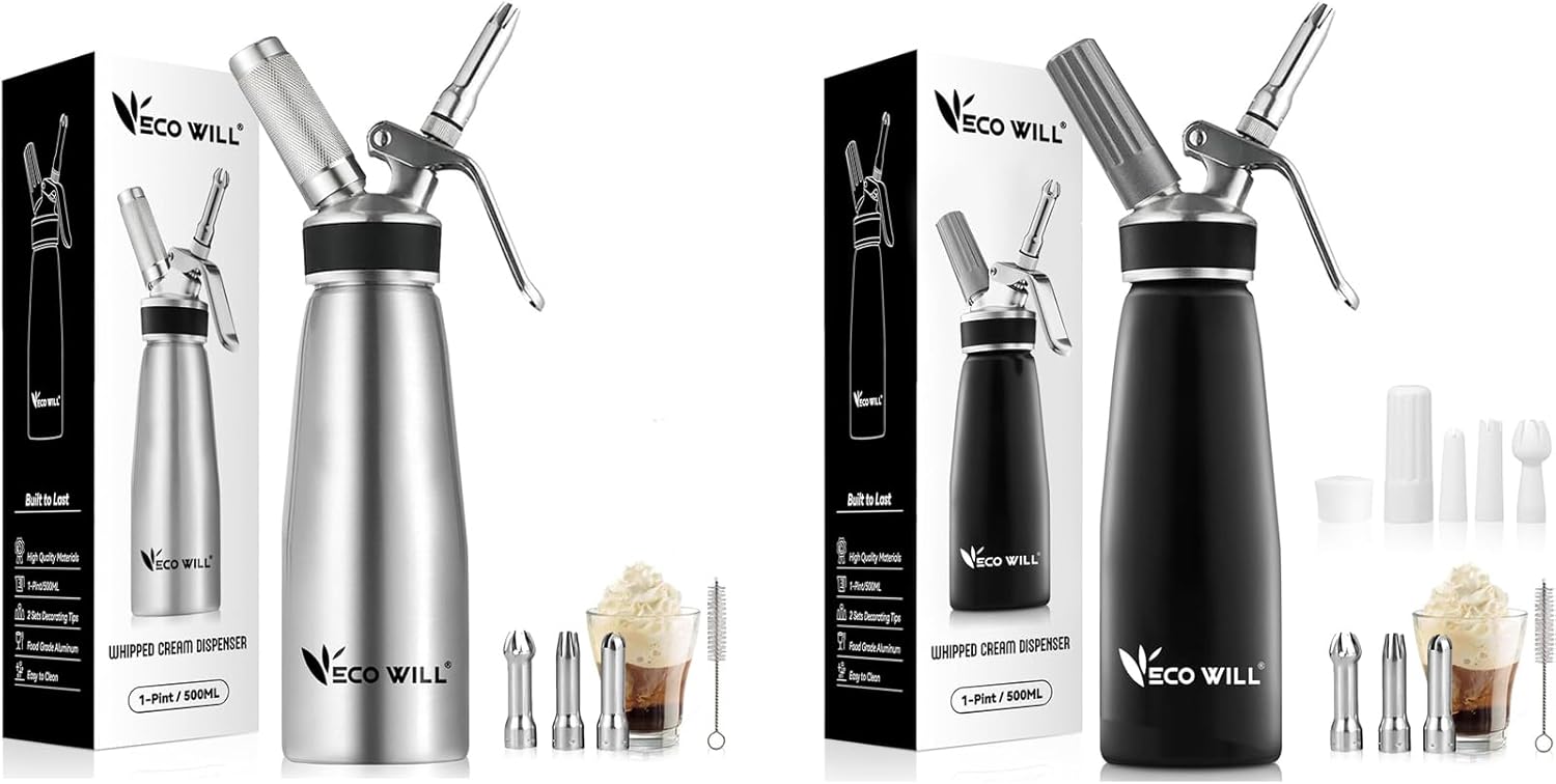 Professional Whipped Cream Dispenser, Durable Aluminum Cream Whipper with 2 Sets of Stainless Steel and Plastic Tips & Cleaning Brush,1-Pint / 500 mL, Homemade Cream Maker
